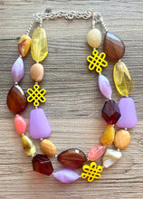 Load image into Gallery viewer, Golden Fall Statement Necklace, chunky bib beaded jewelry, neutral jewelry yellow cream maroon coral necklace, beaded mustard lavender