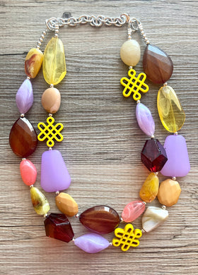 Golden Fall Statement Necklace, chunky bib beaded jewelry, neutral jewelry yellow cream maroon coral necklace, beaded mustard lavender