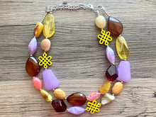 Load image into Gallery viewer, Golden Fall Statement Necklace, chunky bib beaded jewelry, neutral jewelry yellow cream maroon coral necklace, beaded mustard lavender