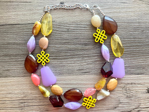 Golden Fall Statement Necklace, chunky bib beaded jewelry, neutral jewelry yellow cream maroon coral necklace, beaded mustard lavender