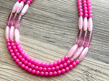 Load image into Gallery viewer, Pink on Pink Statement Necklace, chunky bib beaded jewelry, blush pink color block necklace, beaded acrylic tube jewelry hot pink magenta