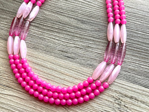 Pink on Pink Statement Necklace, chunky bib beaded jewelry, blush pink color block necklace, beaded acrylic tube jewelry hot pink magenta