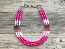 Load image into Gallery viewer, Pink on Pink Statement Necklace, chunky bib beaded jewelry, blush pink color block necklace, beaded acrylic tube jewelry hot pink magenta