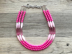 Pink on Pink Statement Necklace, chunky bib beaded jewelry, blush pink color block necklace, beaded acrylic tube jewelry hot pink magenta