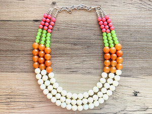 Tropical Color Block Painted Beaded Necklace, Colorful Jewelry Chunky statement necklace lentil beaded necklace jewelry red pink lime green