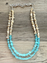 Load image into Gallery viewer, Textured natural &amp; Light Blue jewelry Statement necklace, spike jewelry, chunky bib necklace, tan brown jewelry, baby blue gem stone jewelry