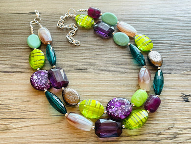 Jewel Mermaid Bubble Necklace, multi strand colorful jewelry, big beaded chunky statement necklace, purple jewel tone brown green