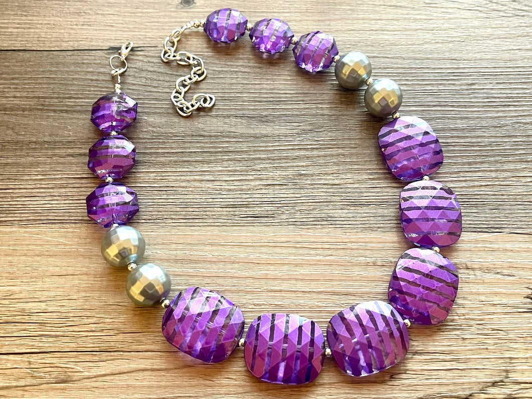 Chunky Purple Statement Necklace - Silver and purple, purple crackle beads, single strand necklace, purple 1 strand chunky jewelry