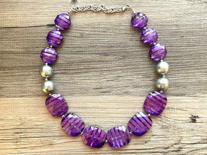 Chunky Purple Statement Necklace - Silver and purple, purple crackle beads, single strand necklace, purple 1 strand chunky jewelry