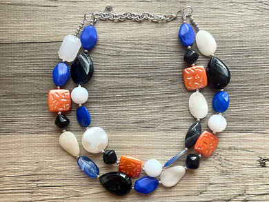Coral Canopy Statement Necklace, chunky bib beaded jewelry, white black royal blue necklace, beaded acrylic jewelry orange peach collar
