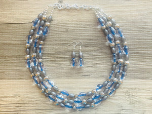 Mountain Stream Soirée, Chunky 3 Strand Statement Necklace, blue gray periwinkle jewelry, silver necklace, gray resin jewelry metallic