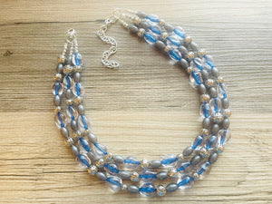 Mountain Stream Soirée, Chunky 3 Strand Statement Necklace, blue gray periwinkle jewelry, silver necklace, gray resin jewelry metallic