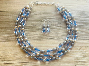 Mountain Stream Soirée, Chunky 3 Strand Statement Necklace, blue gray periwinkle jewelry, silver necklace, gray resin jewelry metallic