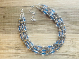 Mountain Stream Soirée, Chunky 3 Strand Statement Necklace, blue gray periwinkle jewelry, silver necklace, gray resin jewelry metallic