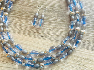 Mountain Stream Soirée, Chunky 3 Strand Statement Necklace, blue gray periwinkle jewelry, silver necklace, gray resin jewelry metallic