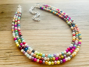 Multi Color Chunky Statement Necklace, pearl shiny rainbow pearlescent necklace jewelry, 3 strands collar beaded colorful