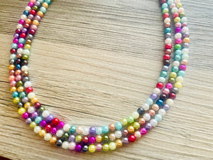 Multi Color Chunky Statement Necklace, pearl shiny rainbow pearlescent necklace jewelry, 3 strands collar beaded colorful