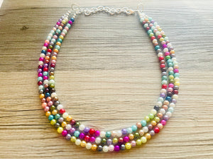 Multi Color Chunky Statement Necklace, pearl shiny rainbow pearlescent necklace jewelry, 3 strands collar beaded colorful