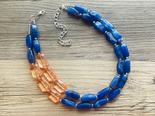 Load image into Gallery viewer, Preppy Chunky Statement Necklace, Big beaded jewelry, Double Strand Statement Necklace, coral and royal blue necklace, peach jewelry