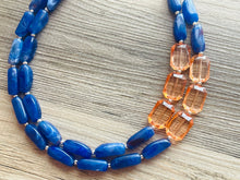 Load image into Gallery viewer, Preppy Chunky Statement Necklace, Big beaded jewelry, Double Strand Statement Necklace, coral and royal blue necklace, peach jewelry