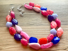 Load image into Gallery viewer, Cali Jewel Statement Necklace, chunky bib beaded jewelry, coral pink royal blue necklace, acrylic jewelry collar lavender blush pink