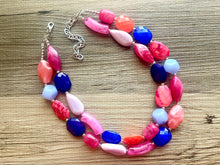 Load image into Gallery viewer, Cali Jewel Statement Necklace, chunky bib beaded jewelry, coral pink royal blue necklace, acrylic jewelry collar lavender blush pink