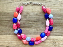 Load image into Gallery viewer, Cali Jewel Statement Necklace, chunky bib beaded jewelry, coral pink royal blue necklace, acrylic jewelry collar lavender blush pink