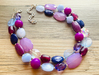 Perfect Shades of Purple Chunky Statement Necklace, 2 Strand Beaded Jewelry, lilac lavender jewelry bridesmaid wedding purple crystal