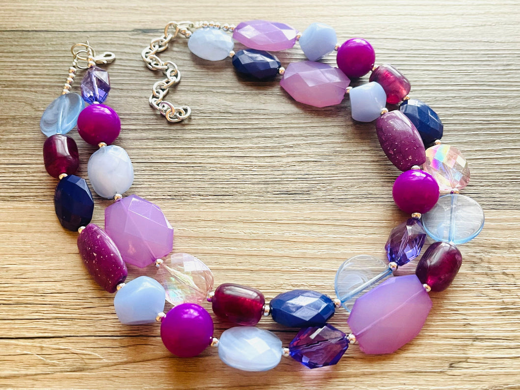 Perfect Shades of Purple Chunky Statement Necklace, 2 Strand Beaded Jewelry, lilac lavender jewelry bridesmaid wedding purple crystal