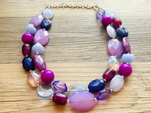 Perfect Shades of Purple Chunky Statement Necklace, 2 Strand Beaded Jewelry, lilac lavender jewelry bridesmaid wedding purple crystal