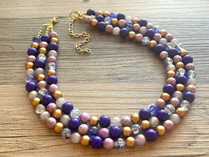 Purple Chunky Statement Necklace, 3 Strand Royal Purple Beaded Necklace earrings, chunky bib, dressy jewelry set silver gray gold