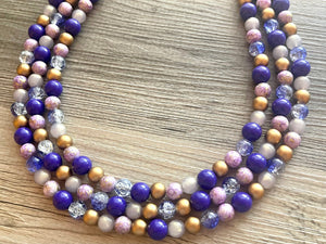 Purple Chunky Statement Necklace, 3 Strand Royal Purple Beaded Necklace earrings, chunky bib, dressy jewelry set silver gray gold
