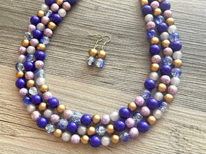 Purple Chunky Statement Necklace, 3 Strand Royal Purple Beaded Necklace earrings, chunky bib, dressy jewelry set silver gray gold