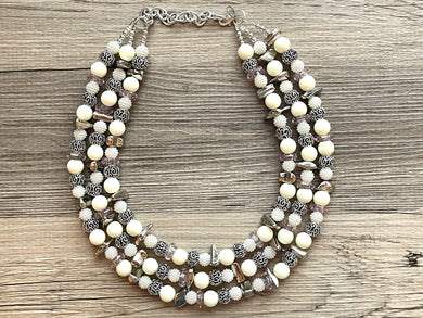 Catwalk Illusion Extra Chunky Statement Necklace, cream silver beaded jewelry, Multi Strand Bib Beaded necklace, tan champagne necklace