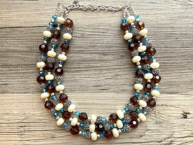July Summer Storm Soirée, Chunky 3 Strand Statement Necklace, blue royal jewelry, silver necklace, resin cream jewelry metallic aqua brown