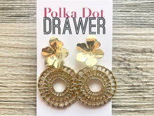 Load image into Gallery viewer, Gold Hammered earrings, flower statement earrings, metal jewelry, gold geometric earrings pierced dangle drop chunky shiny round brass