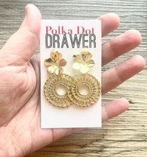 Load image into Gallery viewer, Gold Hammered earrings, flower statement earrings, metal jewelry, gold geometric earrings pierced dangle drop chunky shiny round brass