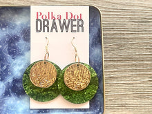 Load image into Gallery viewer, Gold &amp; Green Hammered earrings, flower statement earrings, metal jewelry, geometric earrings pierced dangle drop chunky shiny round brass