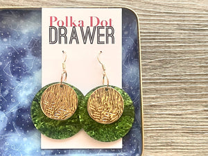 Gold & Green Hammered earrings, flower statement earrings, metal jewelry, geometric earrings pierced dangle drop chunky shiny round brass