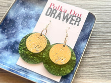 Load image into Gallery viewer, Gold &amp; Green Hammered earrings, flower statement earrings, metal jewelry, geometric earrings pierced dangle drop chunky shiny round brass
