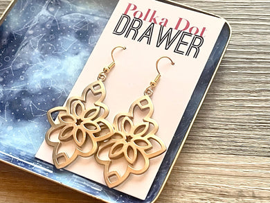 Gold Filigree earrings, teardrop statement earrings metal jewelry, gold geometric earrings pierced dangle drop chunky shiny gold metal brass