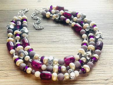 Metallic Eggplant Cream Necklace, 3 Strand Statement Jewelry, Chunky bib bridesmaid everyday bubble jewelry, rhinestone beaded purple gray