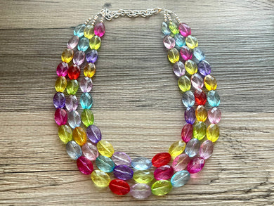 Rainbow Beaded Necklace, Colorful Jewelry, Chunky statement necklace, big beaded pendant, rainbow jewelry, rainbow confetti necklace