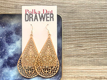 Load image into Gallery viewer, Gold Filigree earrings, teardrop statement earrings metal jewelry, gold geometric earrings pierced dangle drop chunky shiny gold metal brass