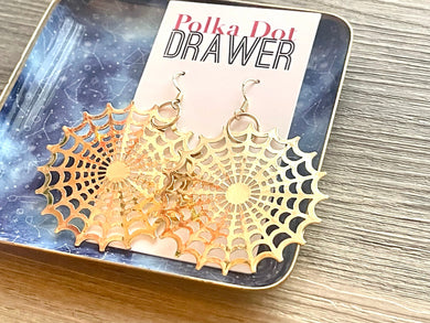Gold Filigree Spiderweb earrings statement earrings metal jewelry, gold geometric earrings pierced dangle drop chunky shiny gold metal brass