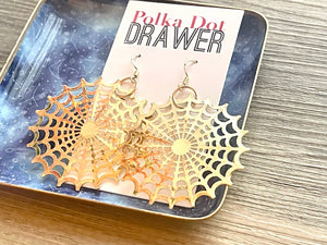 Gold Filigree Spiderweb earrings statement earrings metal jewelry, gold geometric earrings pierced dangle drop chunky shiny gold metal brass