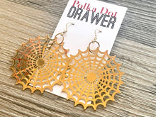 Load image into Gallery viewer, Gold Filigree Spiderweb earrings statement earrings metal jewelry, gold geometric earrings pierced dangle drop chunky shiny gold metal brass