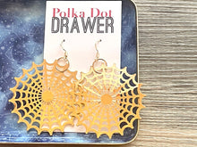 Load image into Gallery viewer, Gold Filigree Spiderweb earrings statement earrings metal jewelry, gold geometric earrings pierced dangle drop chunky shiny gold metal brass