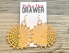 Load image into Gallery viewer, Gold Filigree Spiderweb earrings statement earrings metal jewelry, gold geometric earrings pierced dangle drop chunky shiny gold metal brass
