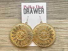 Load image into Gallery viewer, Gold Filigree earrings, round statement earrings metal jewelry, gold geometric earrings pierced dangle drop chunky shiny gold metal brass